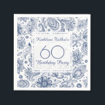 Blue Vintage 60th Birthday Party Paper Napkin<br><div class="desc">Beautiful and Liberty hippie vintage blue floral pattern on pale background. Sophisticated and feminine 60th birthday party paper napkin with customizable texts on transparent squares. You can easily change texts (font, size, color and position) and design (size and position). Matching products for birthday party: paper plate, Thank you favor box......</div>
