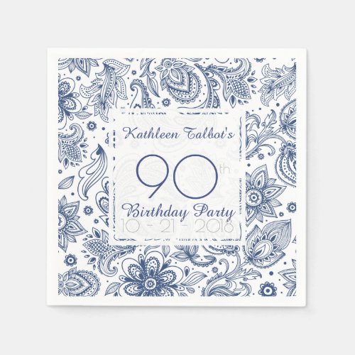 Blue Vintage 90th Birthday Party Paper Napkin