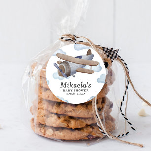 Blue Vintage Airplane Baby Shower Thank You Classic Round Sticker