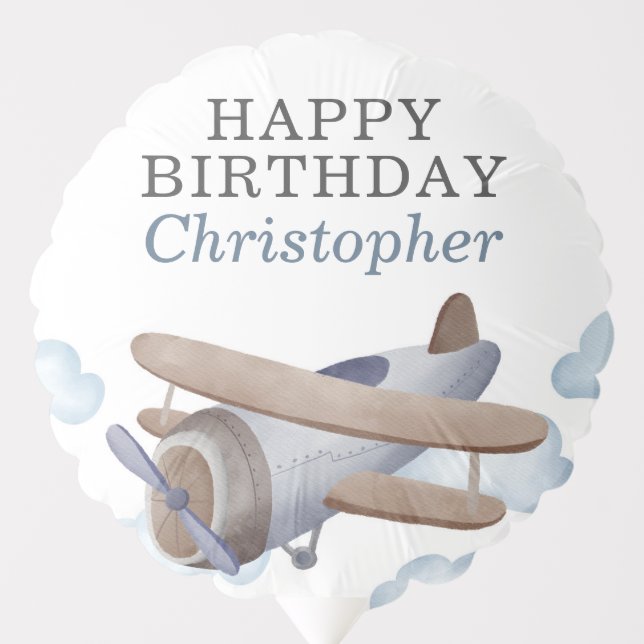 Blue Vintage Airplane Birthday Party Balloon (Front)