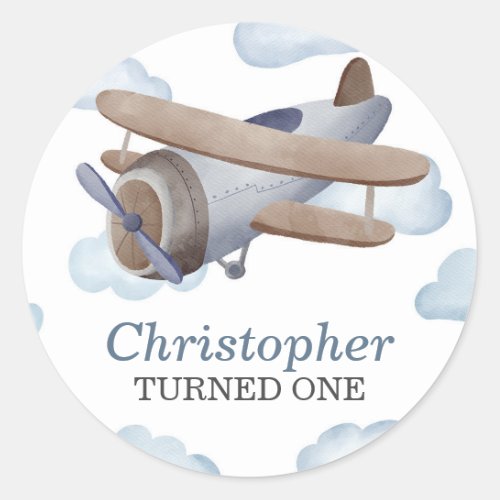 Blue Vintage Airplane Birthday Party Classic Round Sticker