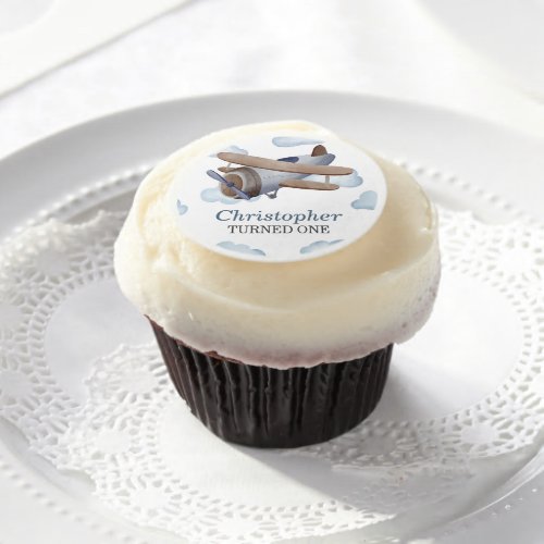 Blue Vintage Airplane Birthday Party Edible Frosting Rounds