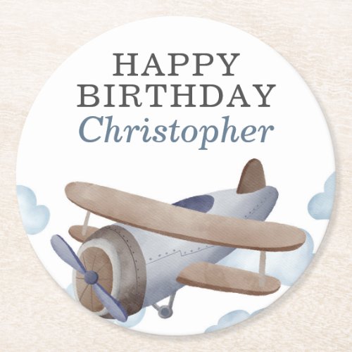 Blue Vintage Airplane Birthday Party Round Paper Coaster