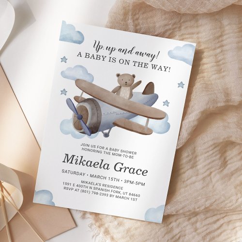 Blue Vintage Airplane Boy Baby Shower Invitation