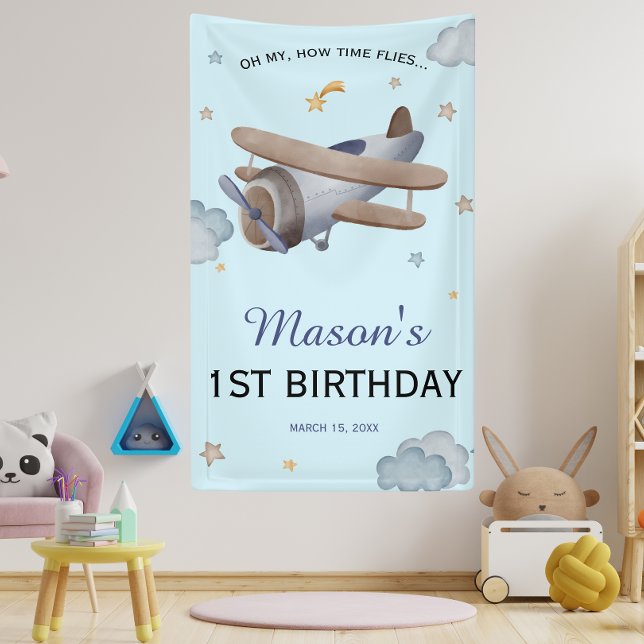 Blue Vintage Airplane Sky 1st Birthday Celebration Banner (Creator Uploaded)