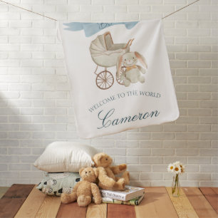 Blue Vintage Baby Carriage and Bunny Baby Boy Blanket