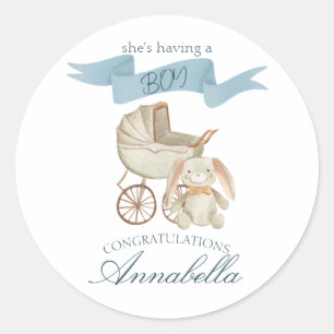 Blue Vintage Baby Carriage and Bunny Baby BOY Classic Round Sticker