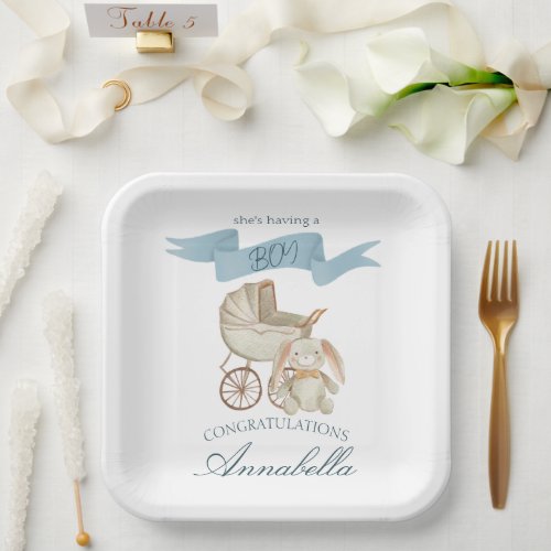 Blue Vintage Baby Carriage and Bunny Baby Boy Paper Plates