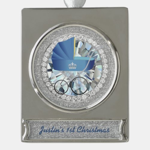 Blue Vintage Baby Carriage Jewel Faux Glitter Silver Plated Banner Ornament