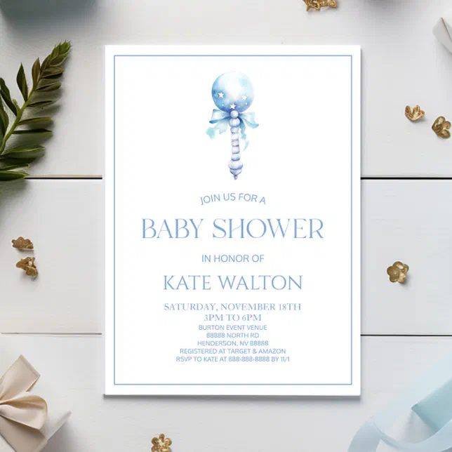 Blue Vintage Baby Rattle Toy Nursery Baby Shower Invitation | Zazzle