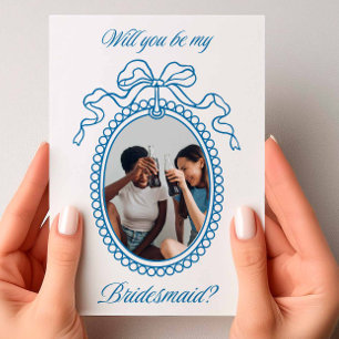 Blue Vintage Beaded Frame Bow Bridesmaid Proposal Invitation