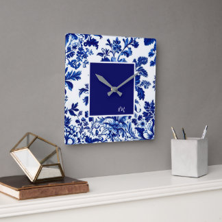 blue vintage Beautiful Garden Flowers Square Wall Clock