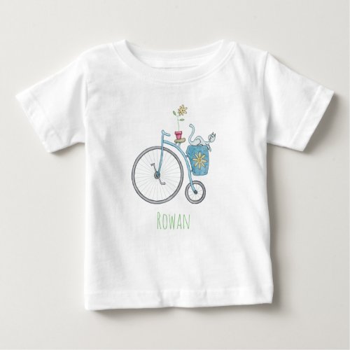 Blue Vintage Bicycle with Blue Cat and Flower Baby T_Shirt