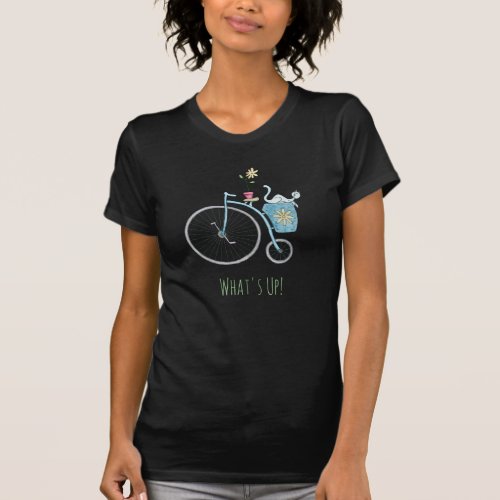 Blue Vintage Bicycle with Blue Cat and Flower T_Shirt