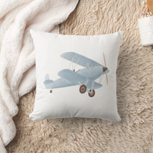Blue Vintage Biplane Boys Room Decor Throw Pillow