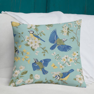 Blue Vintage Bird and Flowers Throw Pillow