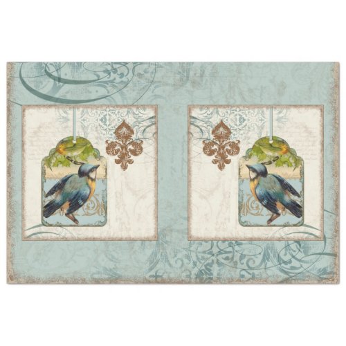Blue Vintage Bird French Fleur de Lis Decoupage Tissue Paper