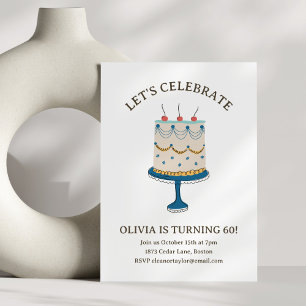 Blue Vintage Birthday Cake Doodle Cute Celebration Invitation