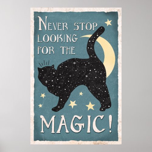 Blue Vintage Black Cat Magic Stars Moon Poster
