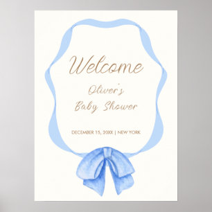 Blue Vintage Bow Ribbon Boy Baby Shower Welcome Poster