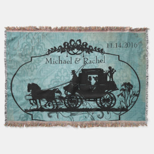 Blue Vintage Bride and Groom Horse and Buggy Throw Throw Blanket