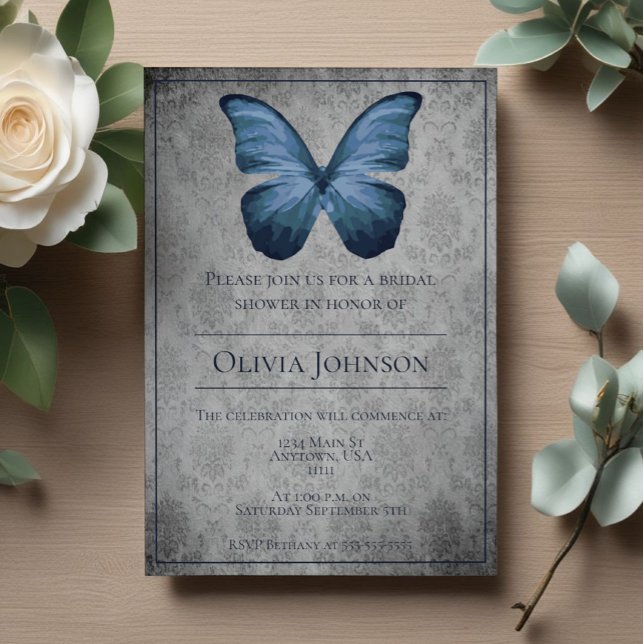 Blue Vintage Butterfly Damask Bridal Shower Invitation (Blue Vintage Butterfly Damask Bridal Shower Invitation)