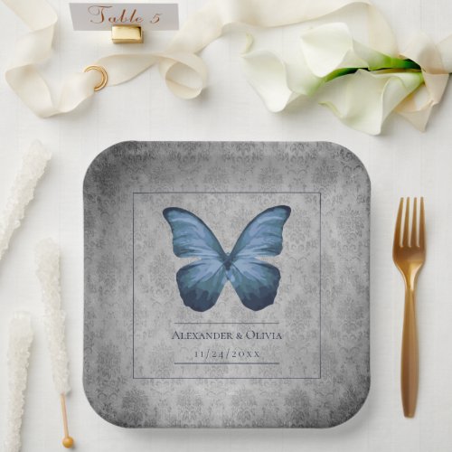 Blue Vintage Butterfly Damask Wedding Paper Plates