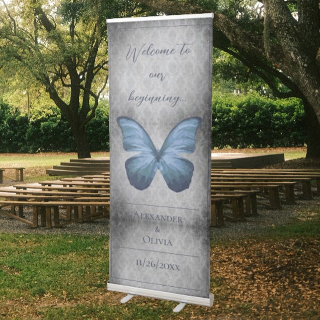 Blue Vintage Butterfly Damask Wedding Retractable Banner (Blue Vintage Butterfly Damask Wedding Welcome Banner)