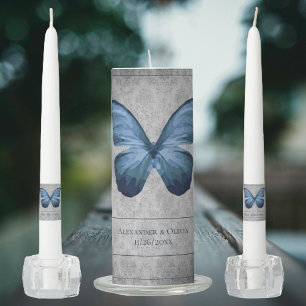 Blue Vintage Butterfly Damask Wedding Unity Candle Set