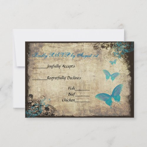 Blue Vintage Butterfly Wedding RSVP Card