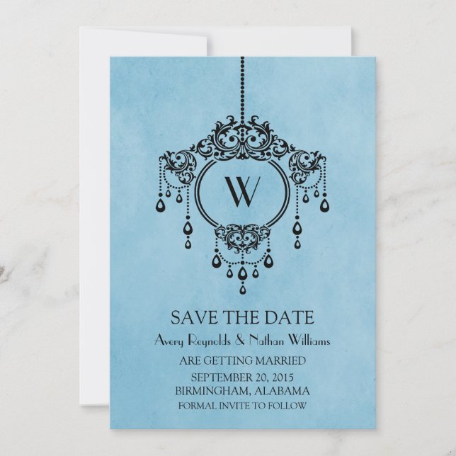 Blue Vintage Chandelier Save the Date Invite (Front)