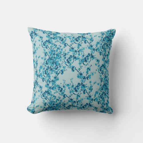 Blue Vintage Cherry Blossom Branches Throw Pillow