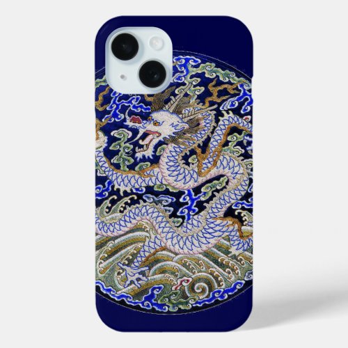 blue vintage Chinese tattoo Embroidery dragon iPhone 15 Case