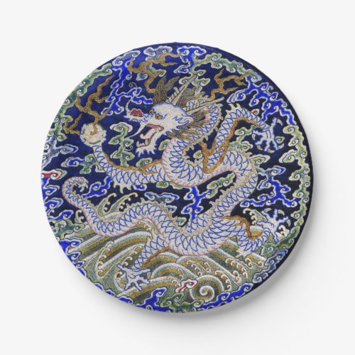 blue vintage Chinese tattoo Embroidery dragon Paper Plates