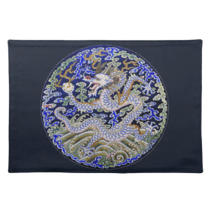 blue vintage Chinese tattoo Embroidery dragon Placemat