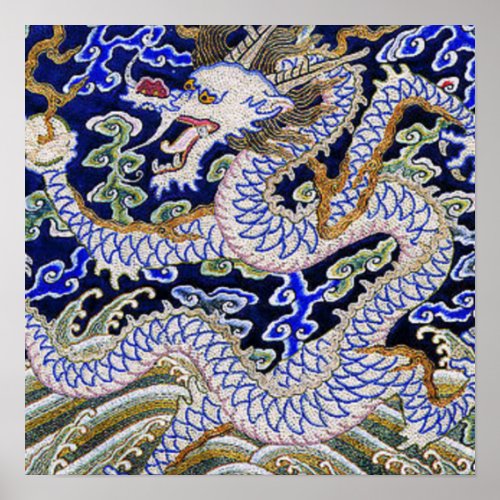 blue vintage Chinese tattoo Embroidery dragon Poster