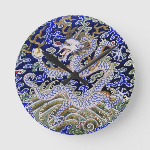 blue vintage Chinese tattoo Embroidery dragon Round Clock