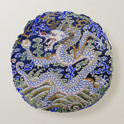 blue vintage Chinese tattoo Embroidery dragon Round Pillow