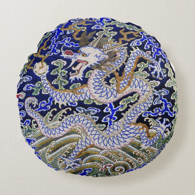 blue vintage Chinese tattoo Embroidery dragon Round Pillow (Front)