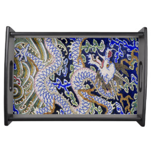 blue vintage Chinese tattoo Embroidery dragon Serving Tray