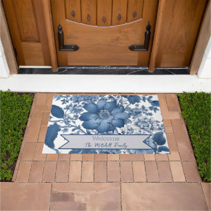 Blue Vintage Chinoiserie Floral Personalized Doormat