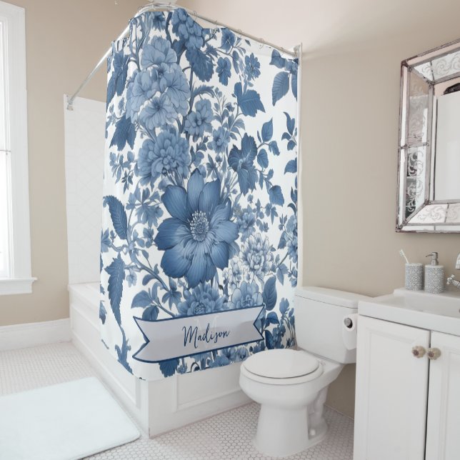 Blue Vintage Chinoiserie Floral Personalized Shower Curtain (In Situ)
