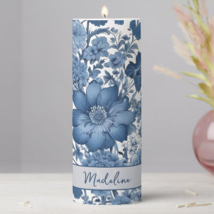 Blue Vintage Chinoiserie Floral Pillar Candle