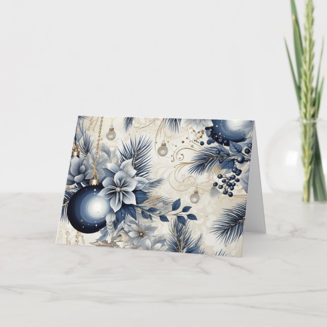 Blue Vintage Christmas Florals Holiday Card (Front)