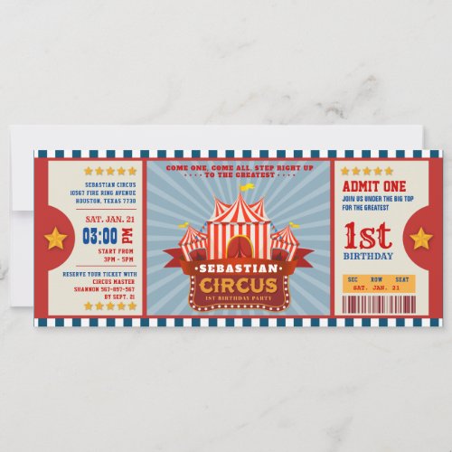 Blue Vintage Circus Ticket Entrance First Birthday Invitation
