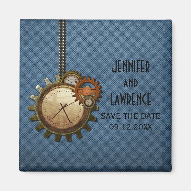 Blue Vintage Clock Save the Date Magnet (Front)