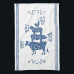 Blue Vintage Country Farmhouse Stacked Farm Animal Kitchen Towel<br><div class="desc">This kitchen towel has a vintage country farmhouse stacked farm animals print in all black. You have the classic farm animals of a cow, a pig, a sheep and a rooster on top with antique scroll work and the animals name inside in script font. There are three bands of color...</div>