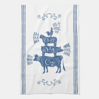 Blue Vintage Country Farmhouse Stacked Farm Animal Kitchen Towel