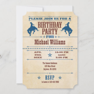 Blue Vintage Cowboy Birthday Invitation