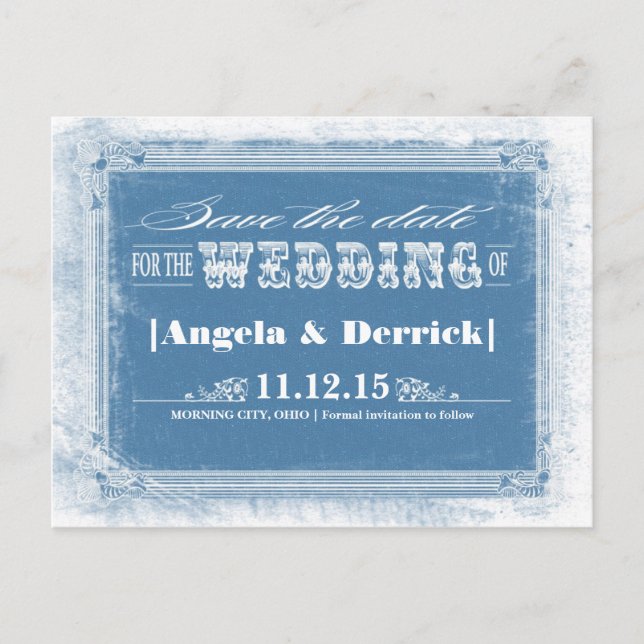 blue vintage creative save the date postcards (Front)